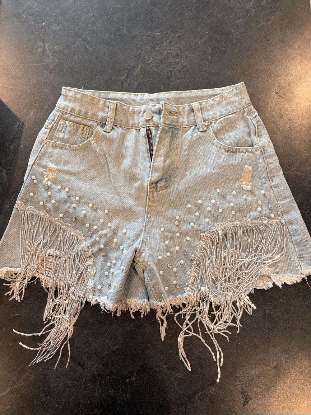 NWOT; Pearl-Embellished Fringe Denim Shorts - Light Blue- size small